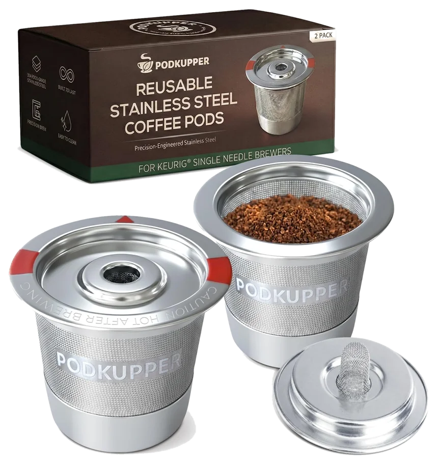 PodKupper reusable stainless steel coffee pods 2-pack box with two pods and lid