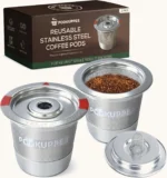 PodKupper reusable stainless steel K Cups, 2-pack box with two filled pods and lid