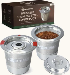 PodKupper reusable stainless steel K Cups, 2-pack box with two filled pods and lid