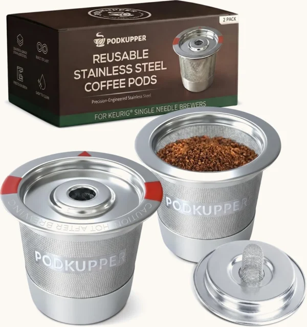 PodKupper reusable stainless steel K Cups, 2-pack box with two filled pods and lid