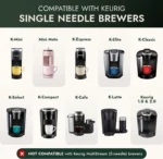 Keurig brewer compatibility chart for PodKupper pods — K-Mini, K-Express, K-Elite, K-Select, K-Compact, K-Cafe, K-Latte, 1.0 and 2.0; not MultiStream