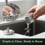 PodKupper pod being rinsed under a tap — dishwasher safe, simple to clean