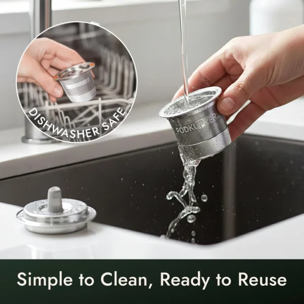 PodKupper pod being rinsed under a tap — dishwasher safe, simple to clean