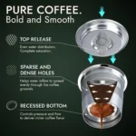 Cutaway diagram of PodKupper pod: top release, sparse and dense holes, recessed bottom