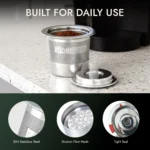PodKupper pod filled with coffee on a counter — built for daily use, 304 stainless steel, stratum flow mesh, tight seal