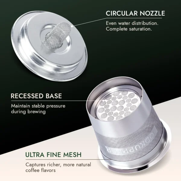 PodKupper pod and lid detail: circular nozzle, recessed base, ultra fine mesh