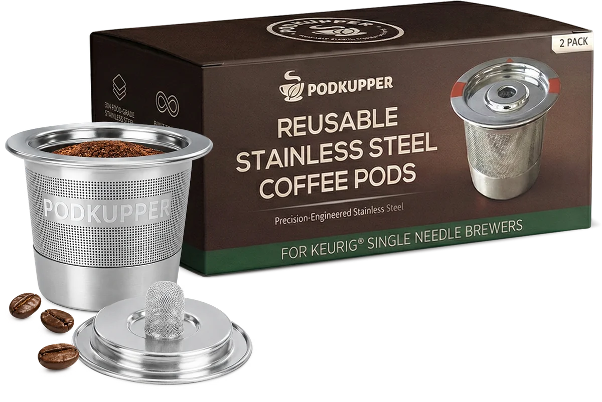 PodKupper reusable stainless steel coffee pods 2-pack box with a pod filled with ground coffee and its lid